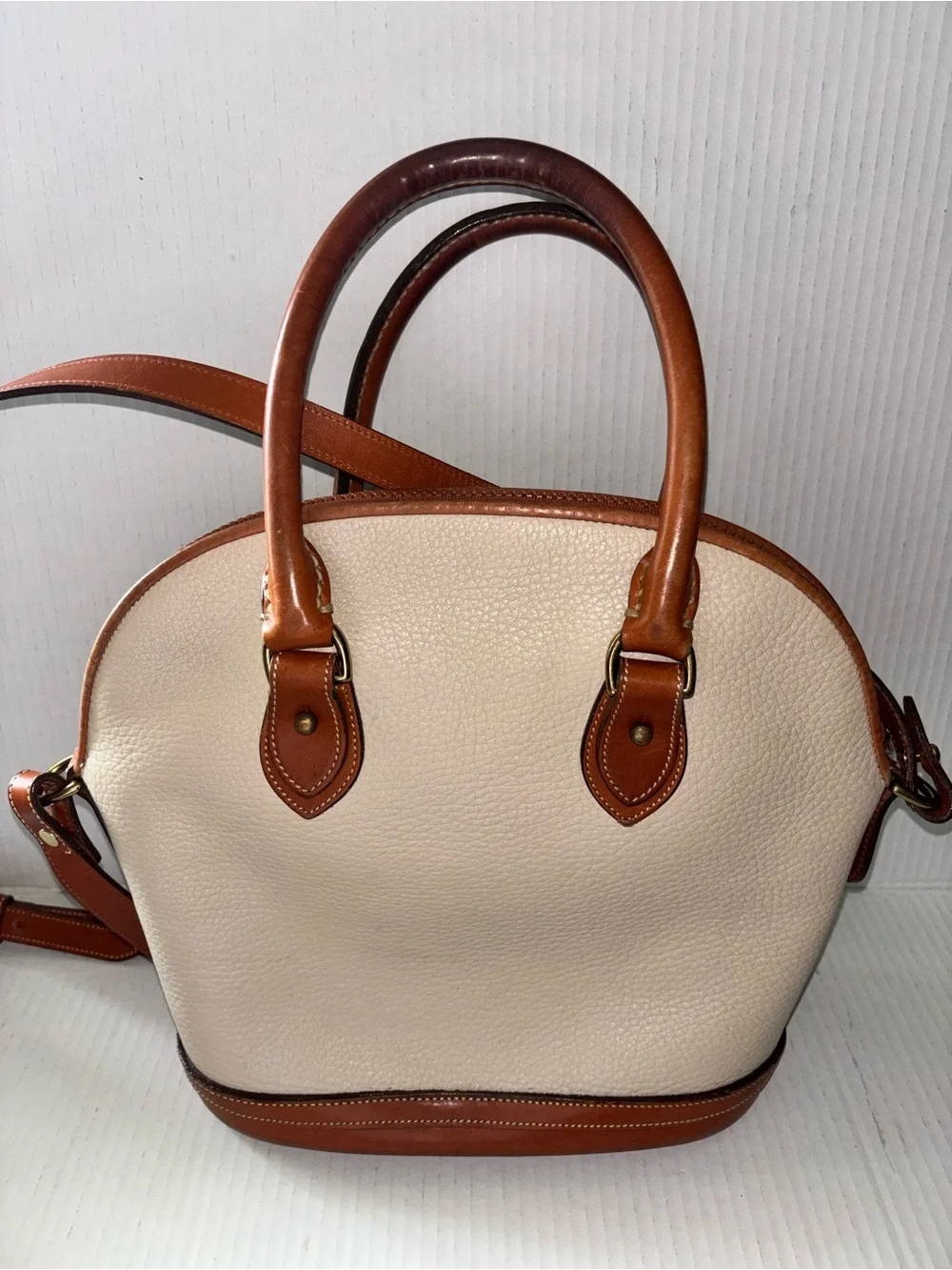 Dooney & Bourke Cream and Brown Leather Dome Satchel Handbag